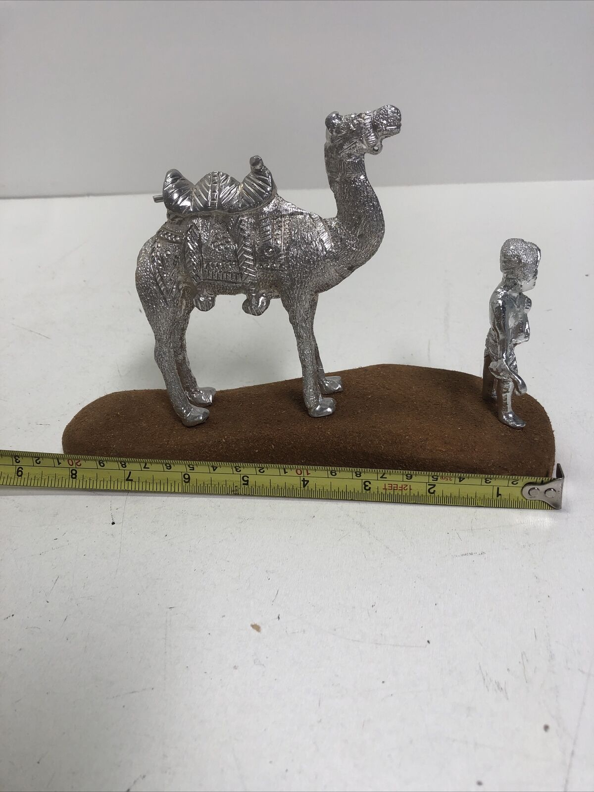 Vintage Set Silver Camel & Man Statue on Wood Stand Sculpture Figurine