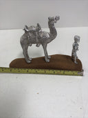 Vintage Set Silver Camel & Man Statue on Wood Stand Sculpture Figurine