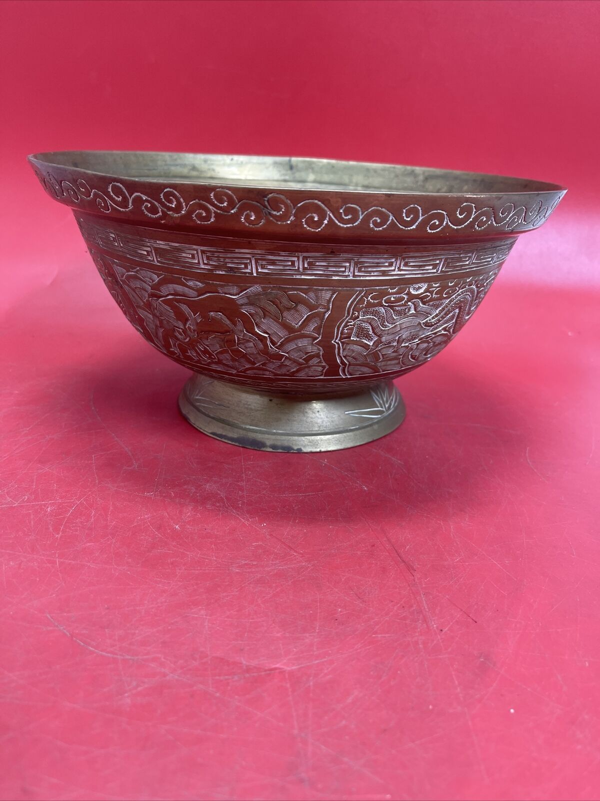 Antique Heavy Chinese Etched Brass Dragon Bowl Character Marks