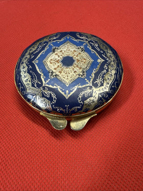 Vintage Blush Compact Feaux Leather Gold Blue Color With Puff, Used