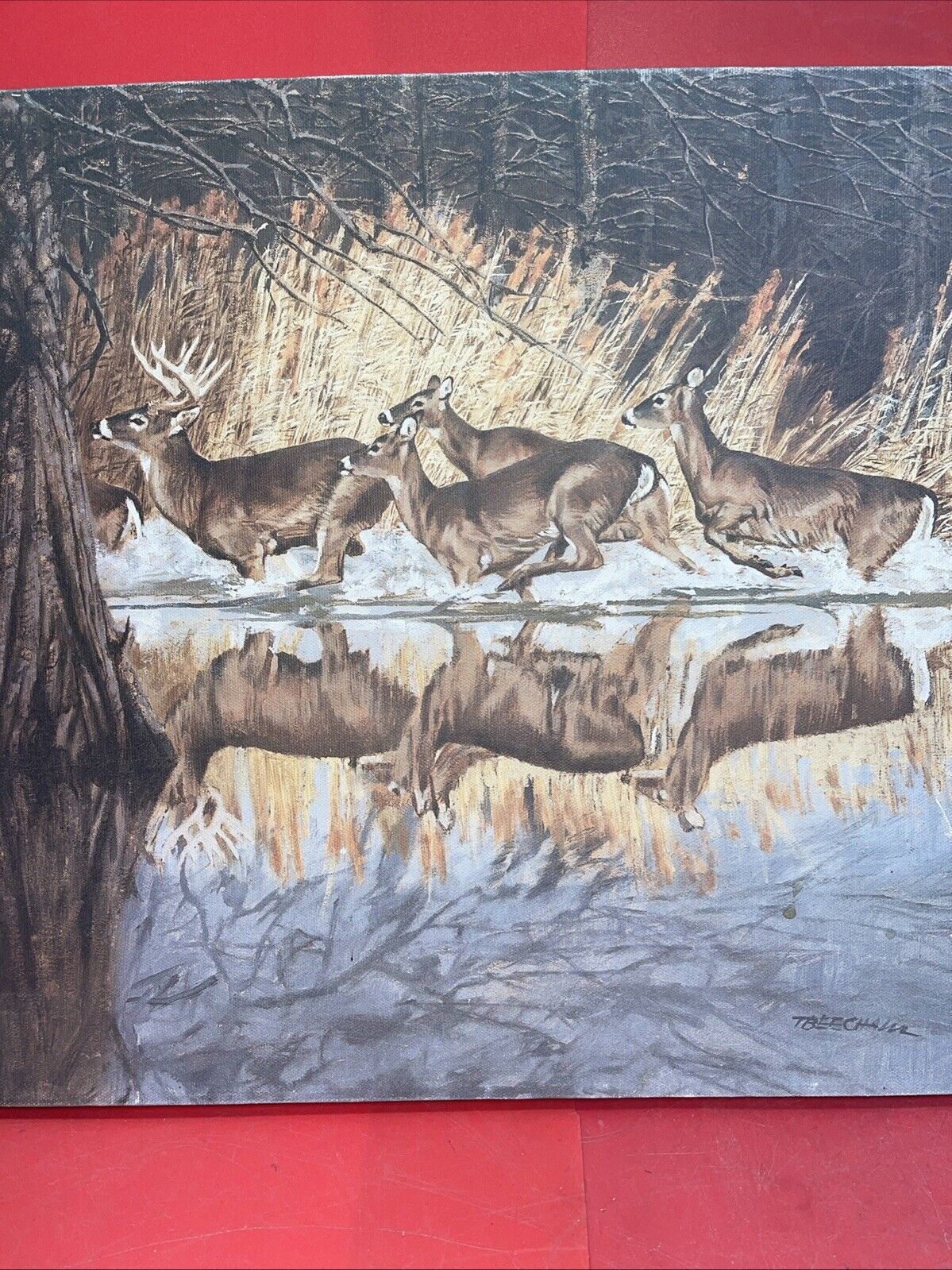 Vintage Deer Painting Print Picture On Fredrix Artist Series Canvas Signed 1988