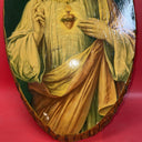 Vintage "Sacred Heart Of Jesus" Wood Slice Plaque 21”x12” With Bark Edge 1950s