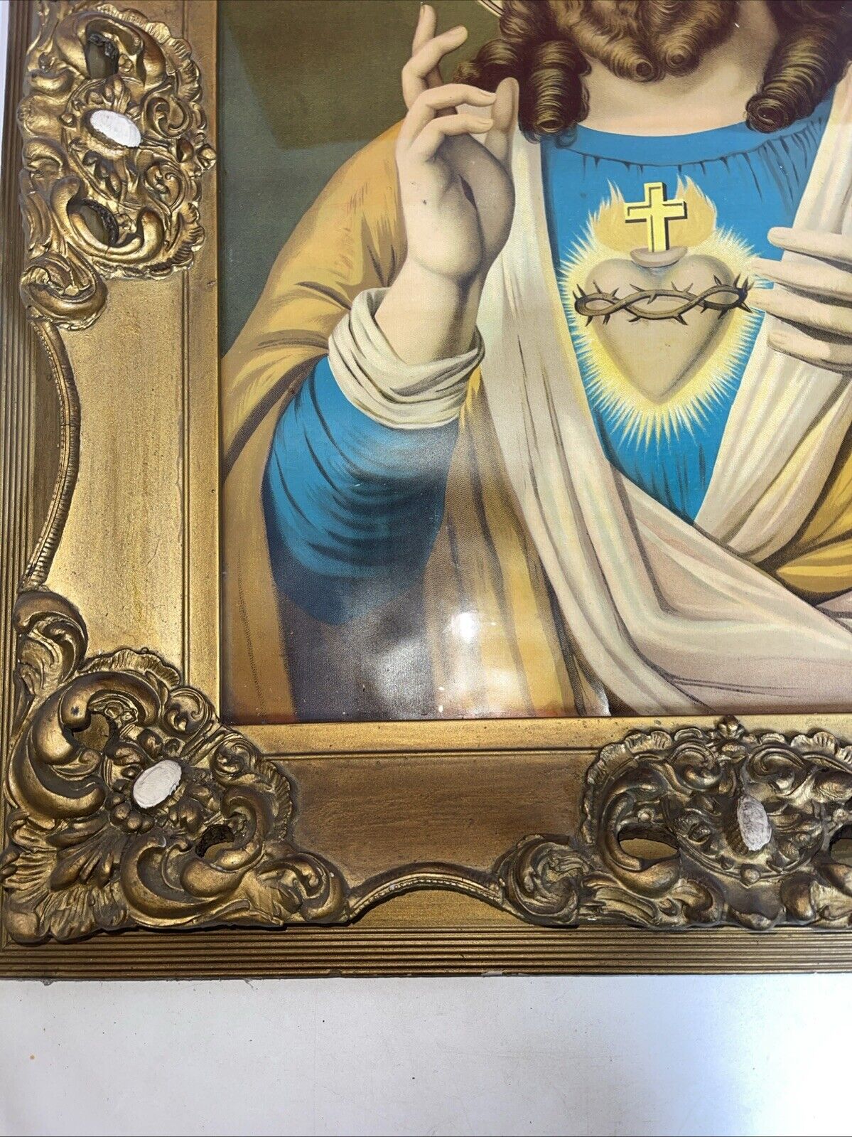 GLORIOUS ANTIQUE NUNS CONVENT FRAMED SACRED HEART JESUS 27" x 23”