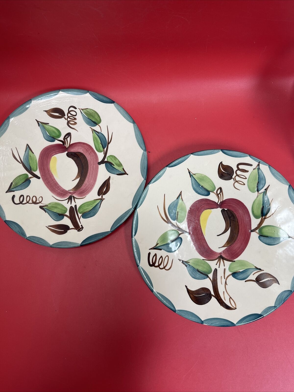 Set (2) PURINTON POTTERY Hand Painted APPLE PATTERN Chop Plates/Platters