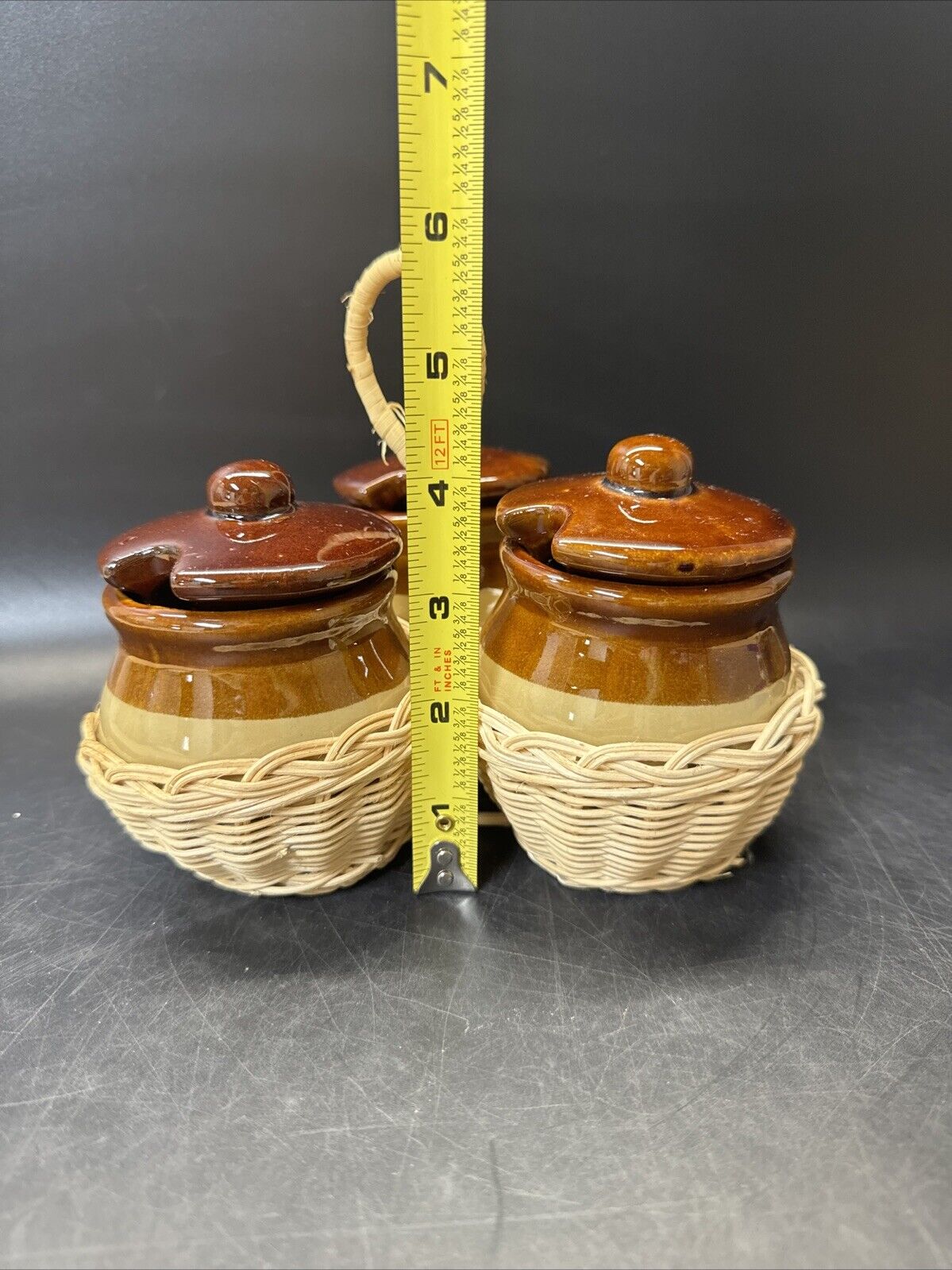 Vintage Rattan Condiment Caddy w/ 3 Stoneware Crocks