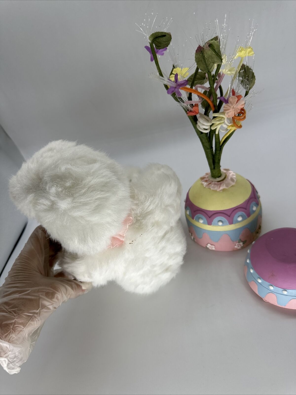 Heritage Signature Fiber Optic Bunny Baby with egg flower holder OH7585