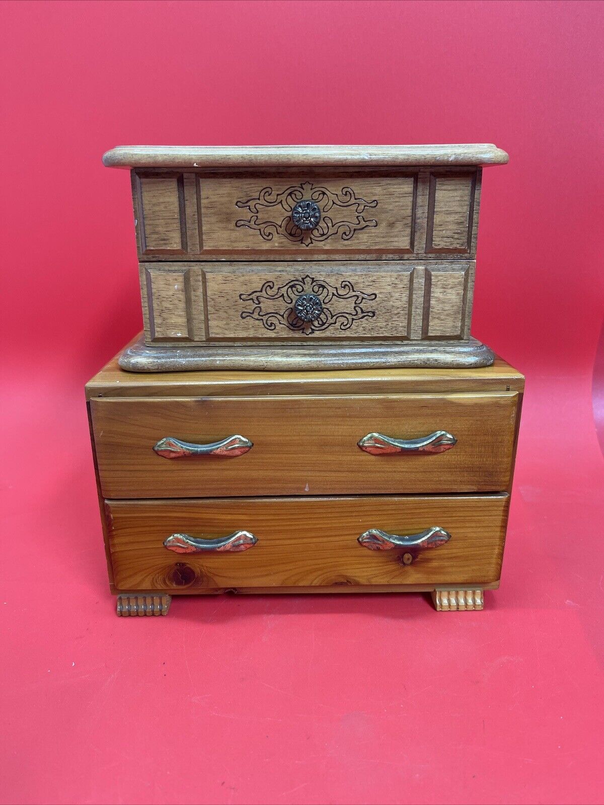 Lot of 2 Vintage Wooden Jewelry Boxes w/ Hinge Opening Mirrors Drawers