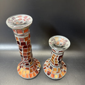 Home Interiors Candle Holder Red Gold Orange Mirrored Mosaic/ Set 2