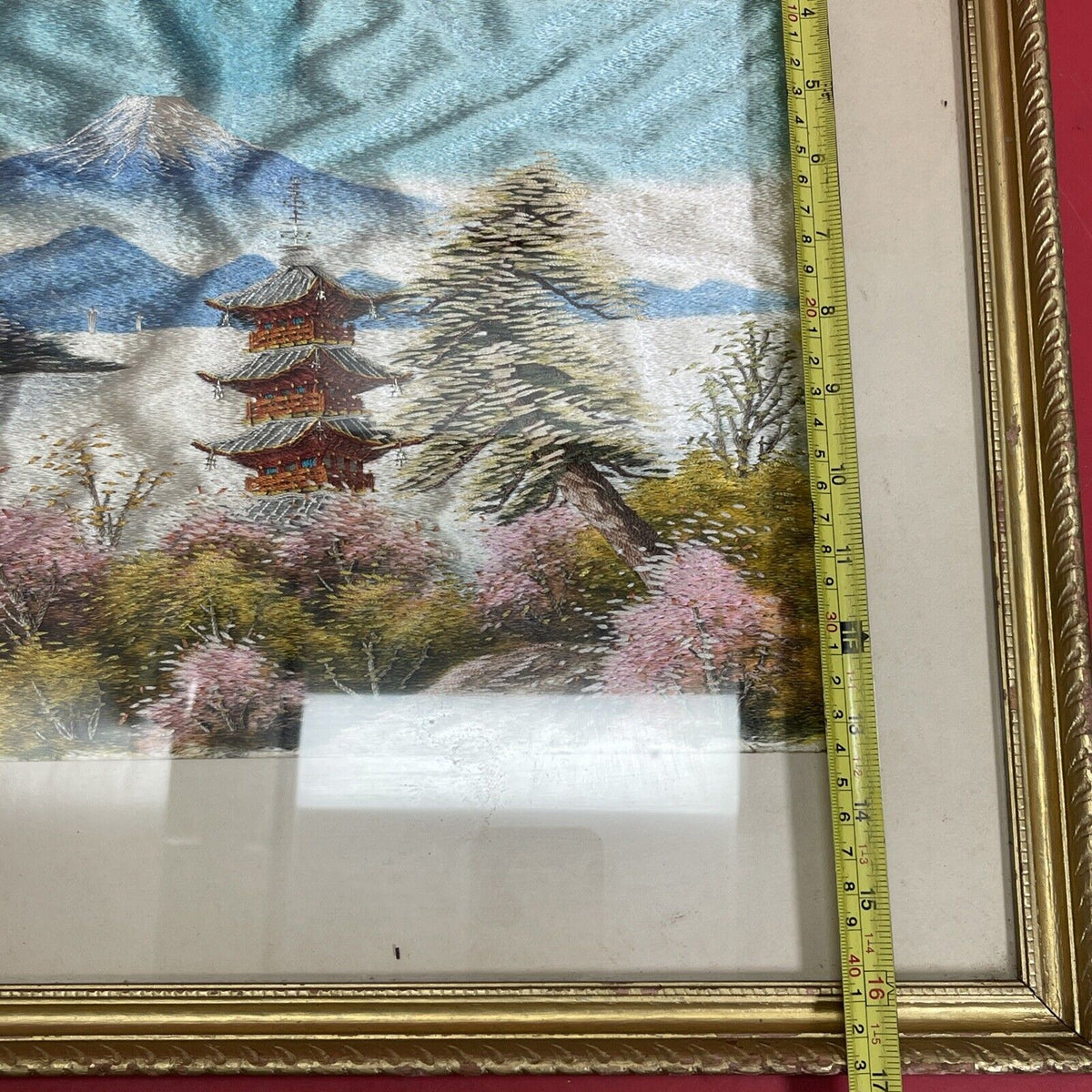 Vintage Silk Embroidered picture Japanese Landscape frame