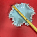 Vintage Glass Turquoise Silver Crest 6" Bowl Ruffled Edge 1950s