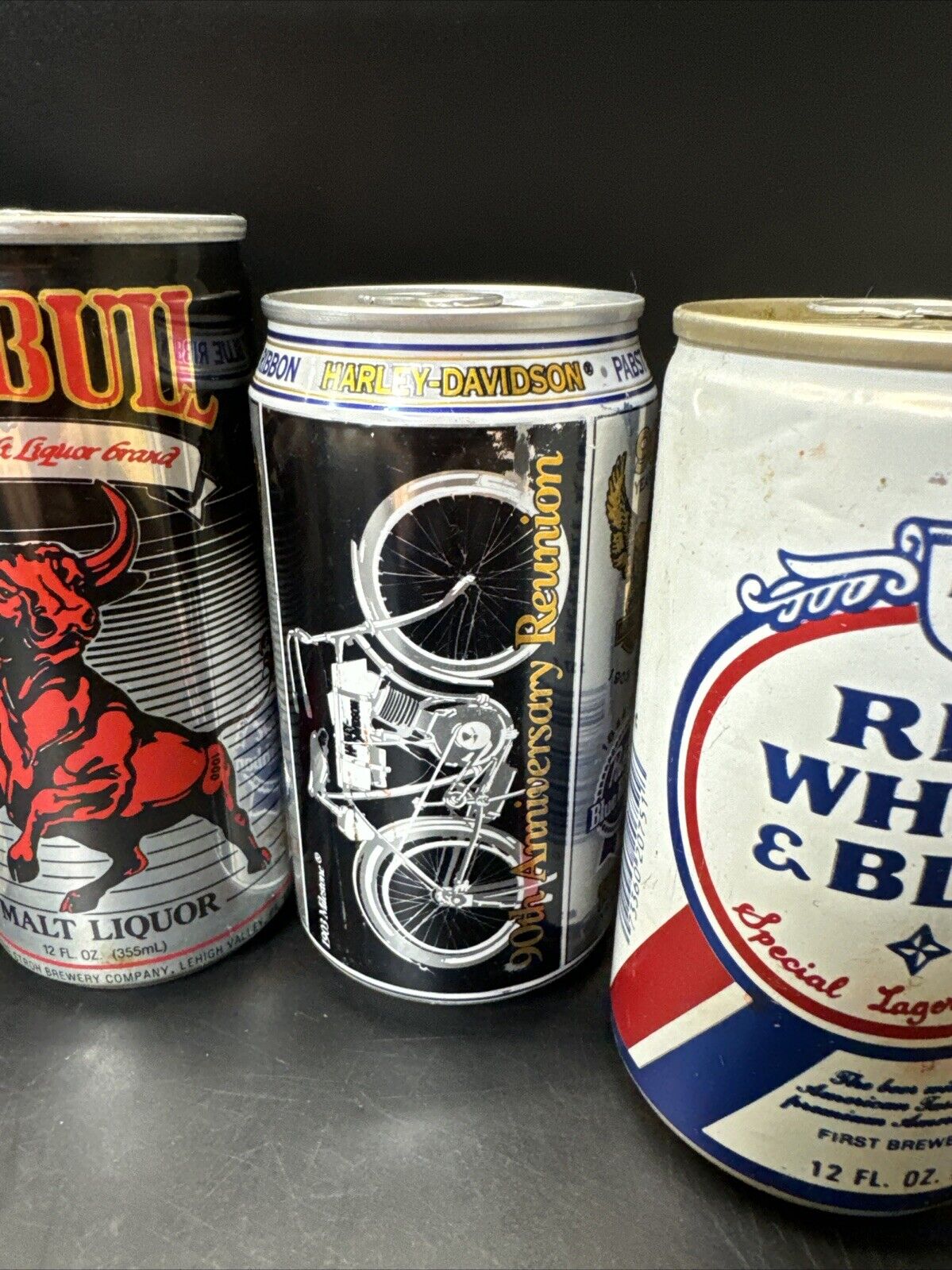 Vintage Beer Cans- Blatz, Red Bull, Billy, Harley Davidson,…/ Lot Of 7