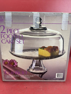 ANCHOR HOCKING GLASS 2 PIECE CANFIELD FOOTED CAKE DOME LID PLATE SET 1600/86