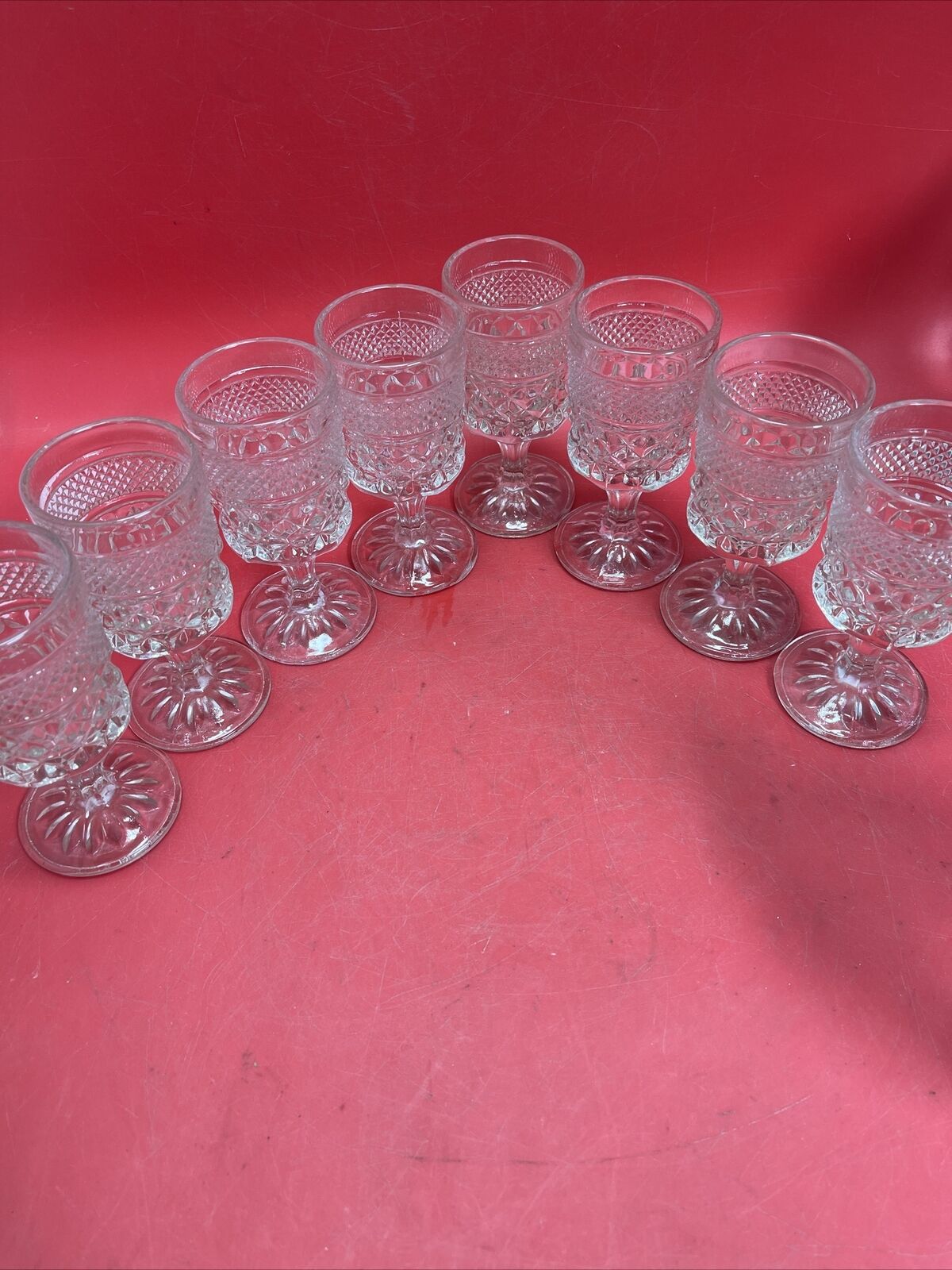 Anchor Hocking Wexford Diamond Decanter Set & 8 Stemmed Cordials Barware Liquor 