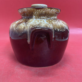 Vintage Brown Drip Pottery Bean Pot / Crock Jar with Lid 