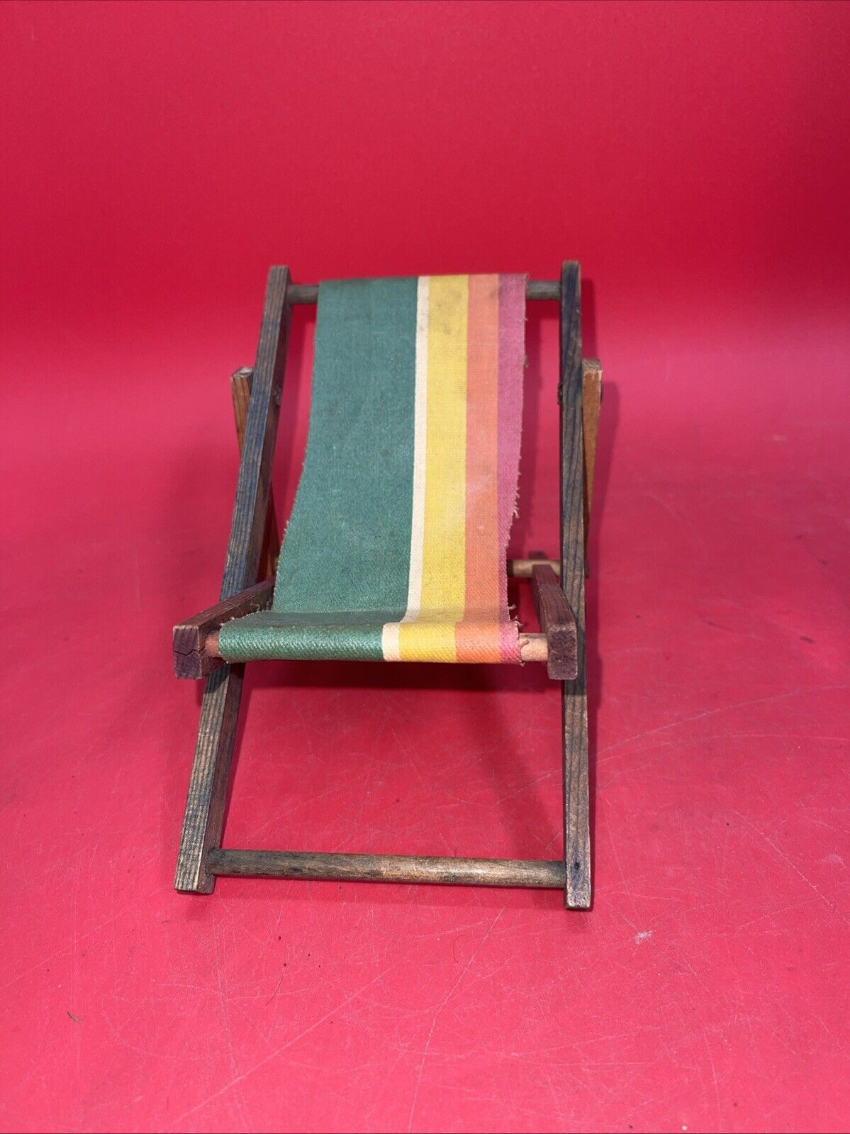 Vintage Doll Beach Chair Adjustable Folding Wood Striped Fabric Stain