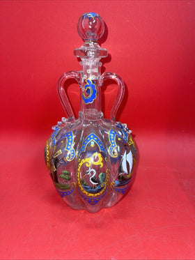 Vintage Italian Dutch Hand Painted Art Glass Decanter With Handles