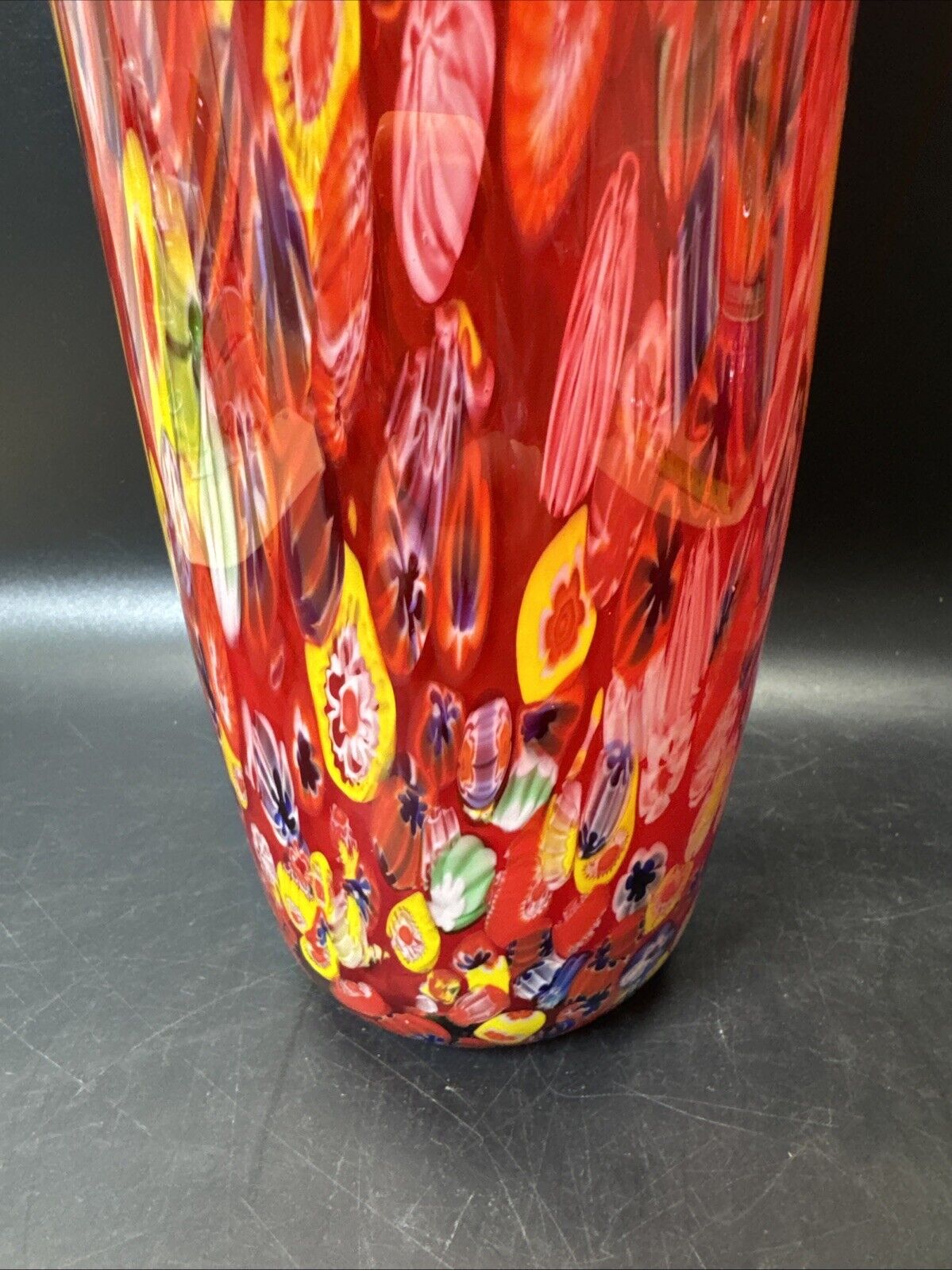 Murano Vase Made In Italy Red Millefiori Hand Blown Glass Heavy Vase 11" Tall