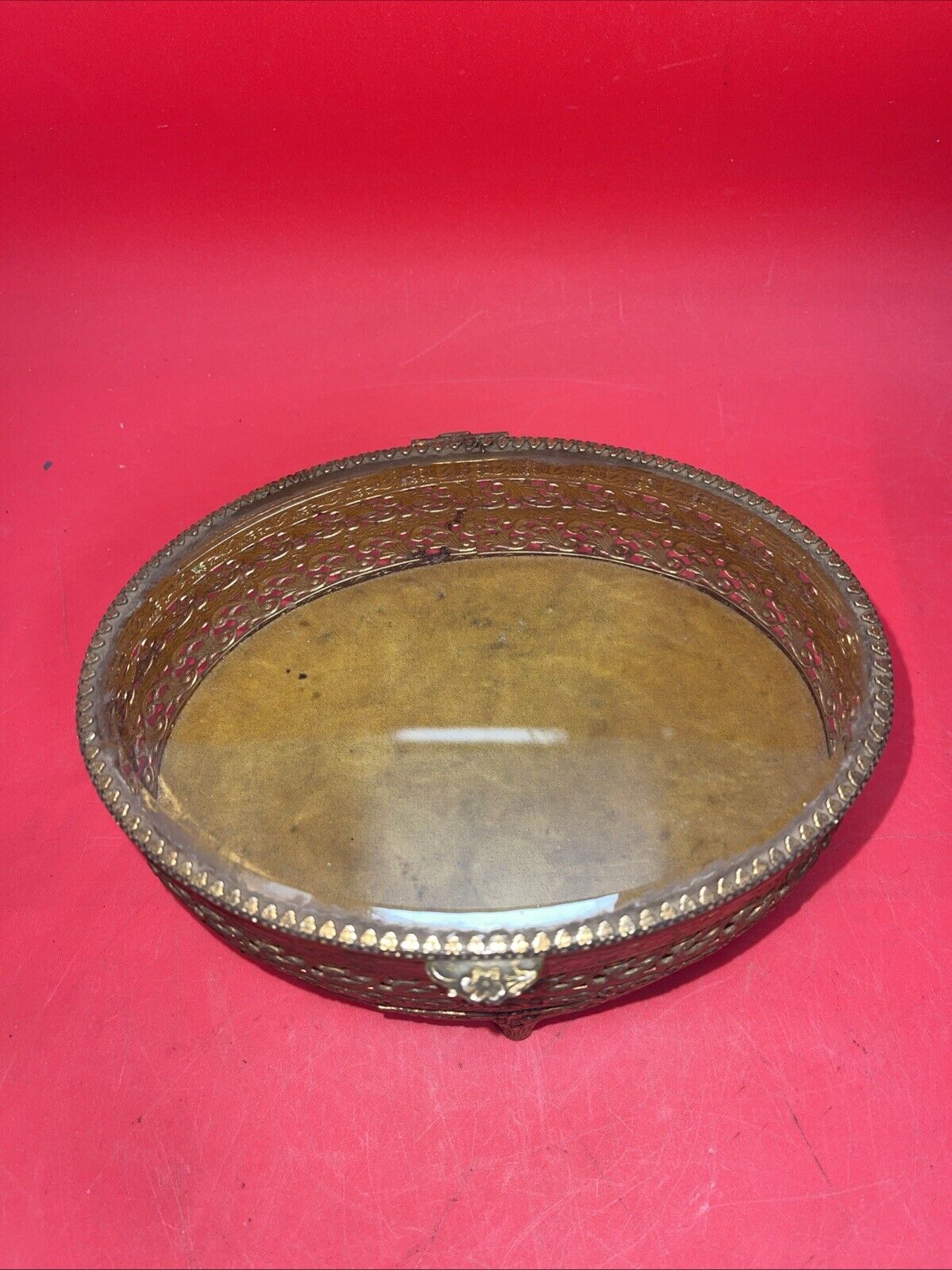 Vintage Gold Ormolu Oval Jewelry Casket Box Gold Velvet Beveled Glass Top 7”