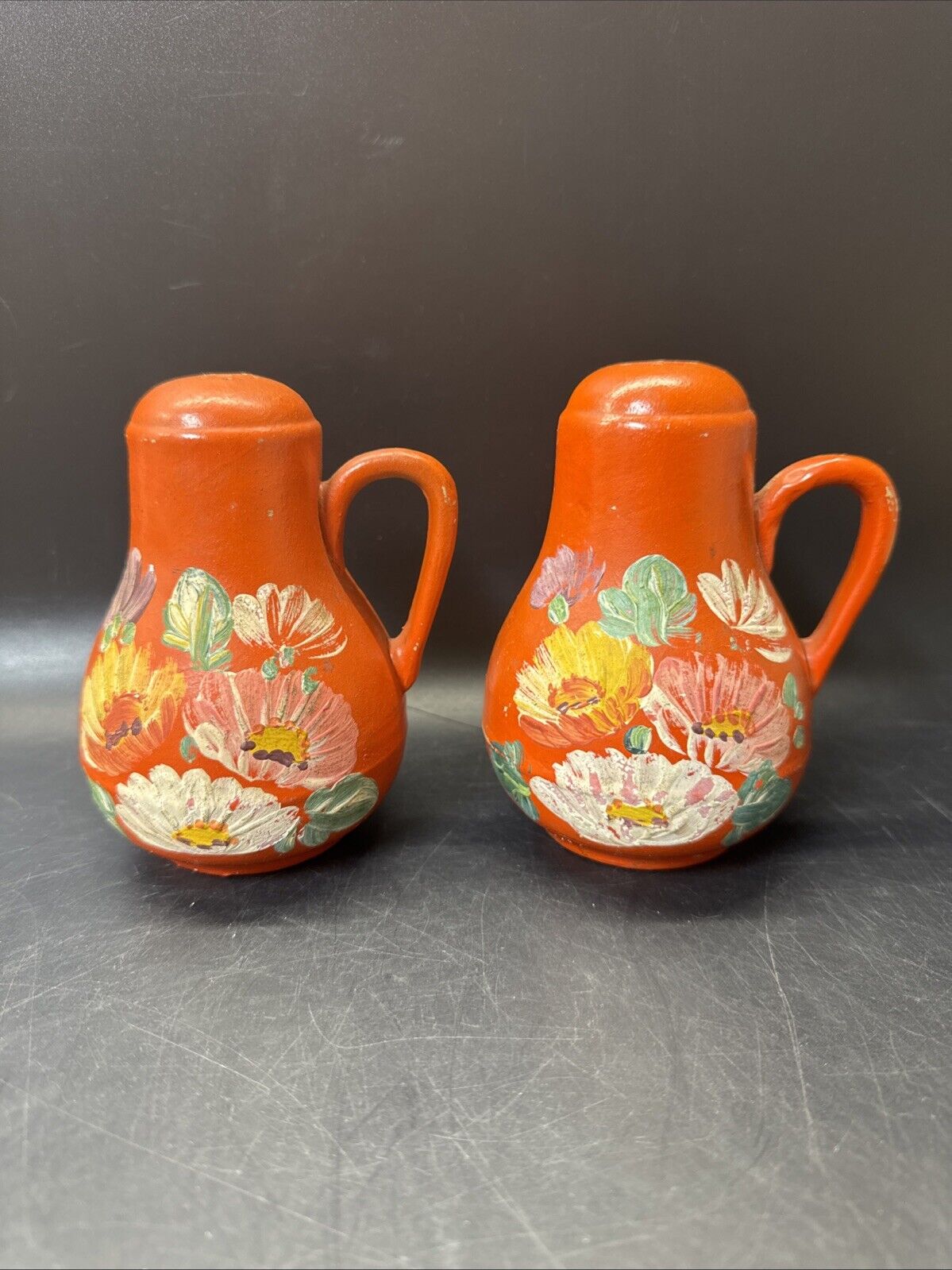 Vintage Pottery Orange Hand Painted Jug SALT & PEPPER Shakers