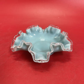 Vintage Glass Turquoise Silver Crest 6" Bowl Ruffled Edge 1950s