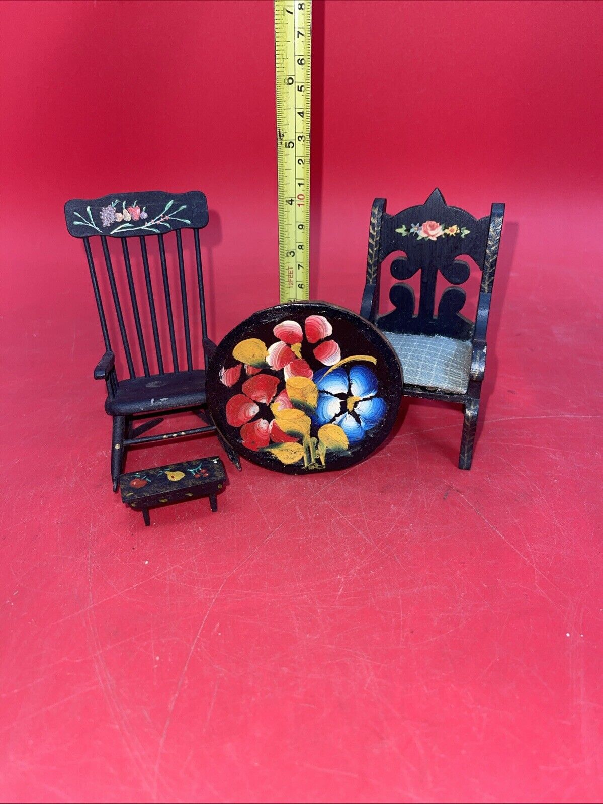 Vintage Miniature Dollhouse Wooden Chair, Rocking chair, Painting Lot