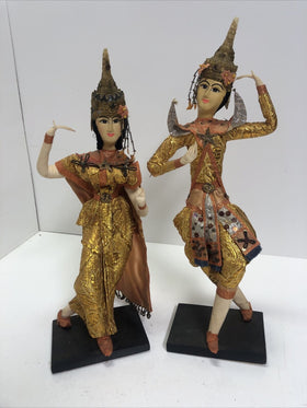 2 Vtg Handmade Thailand Bangkok Cloth Doll Silk Screen Dancer Wood Stand