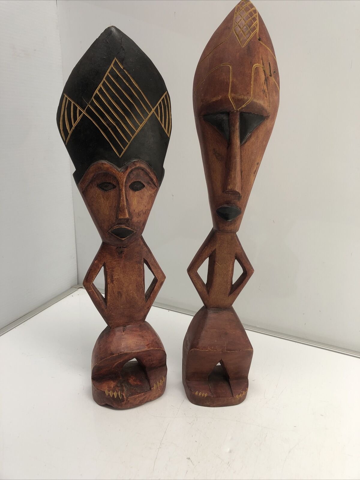 Pair Of Two Odd Wood Sculptures Figures  vintage Hand Crafted
