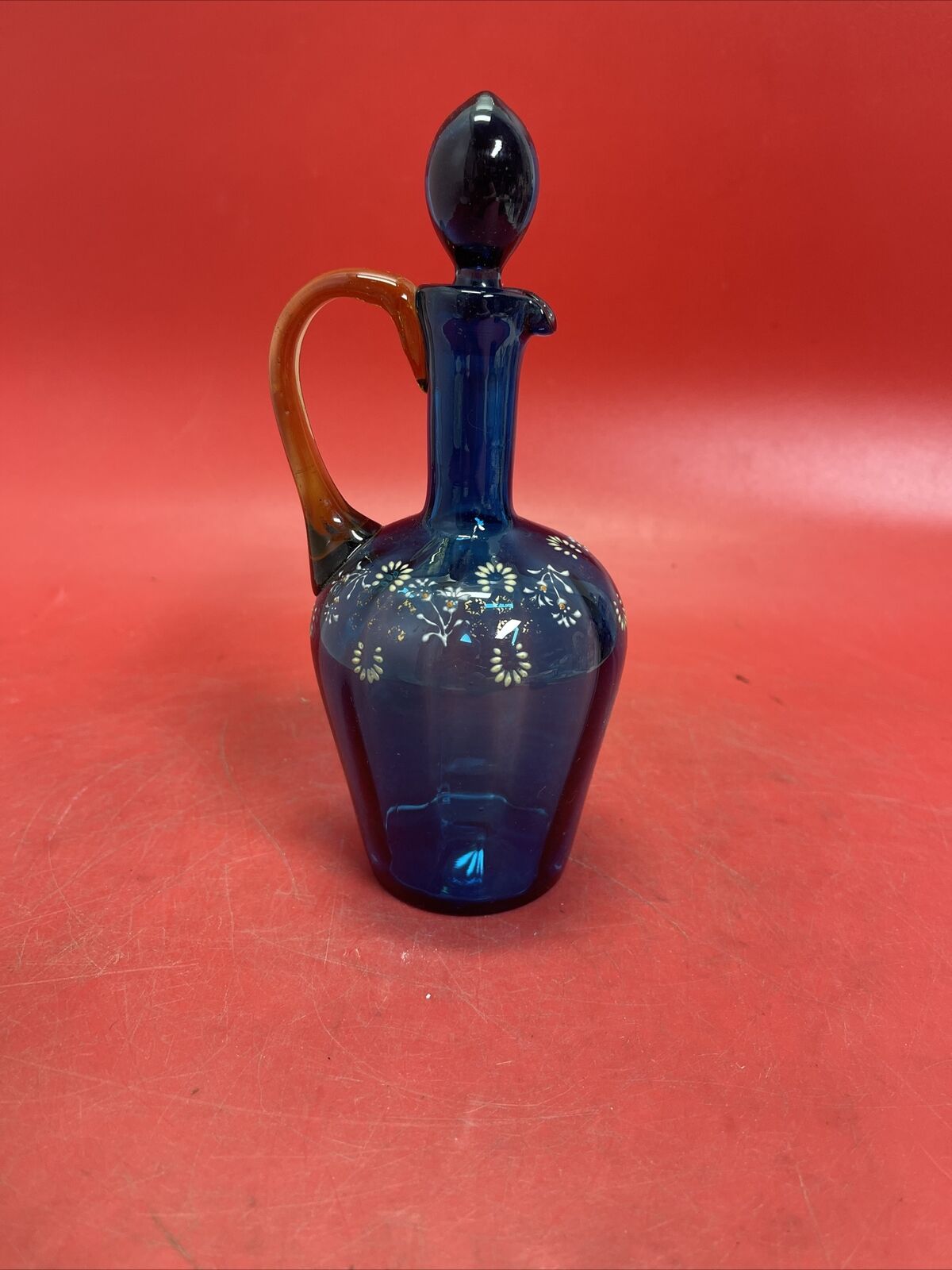 Victorian BOHEMIAN BLUE & Amber Handle Hand Blown & Hand Painted Art Glass Cruet