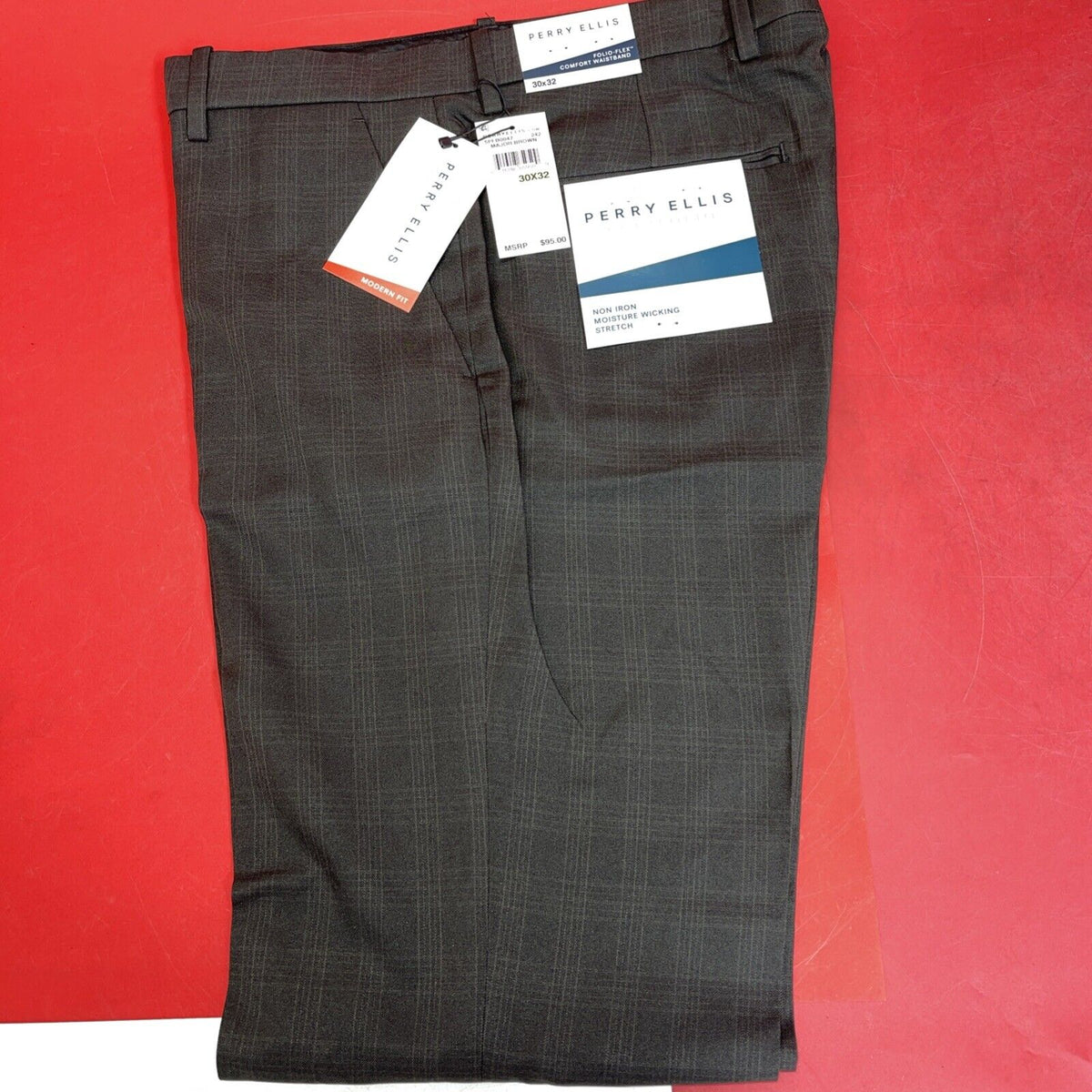 Perry Ellis Mens Portfolio Dress Pants Brown Windowpane Zip Modern Fit 30x32 New