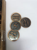 Vintage L.E. Mason Old English Letter Coaster Badge Set Silent Buttler Disc +Box