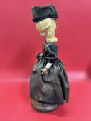 Porcelain Doll Green Velvet Dress & Hat On Stand