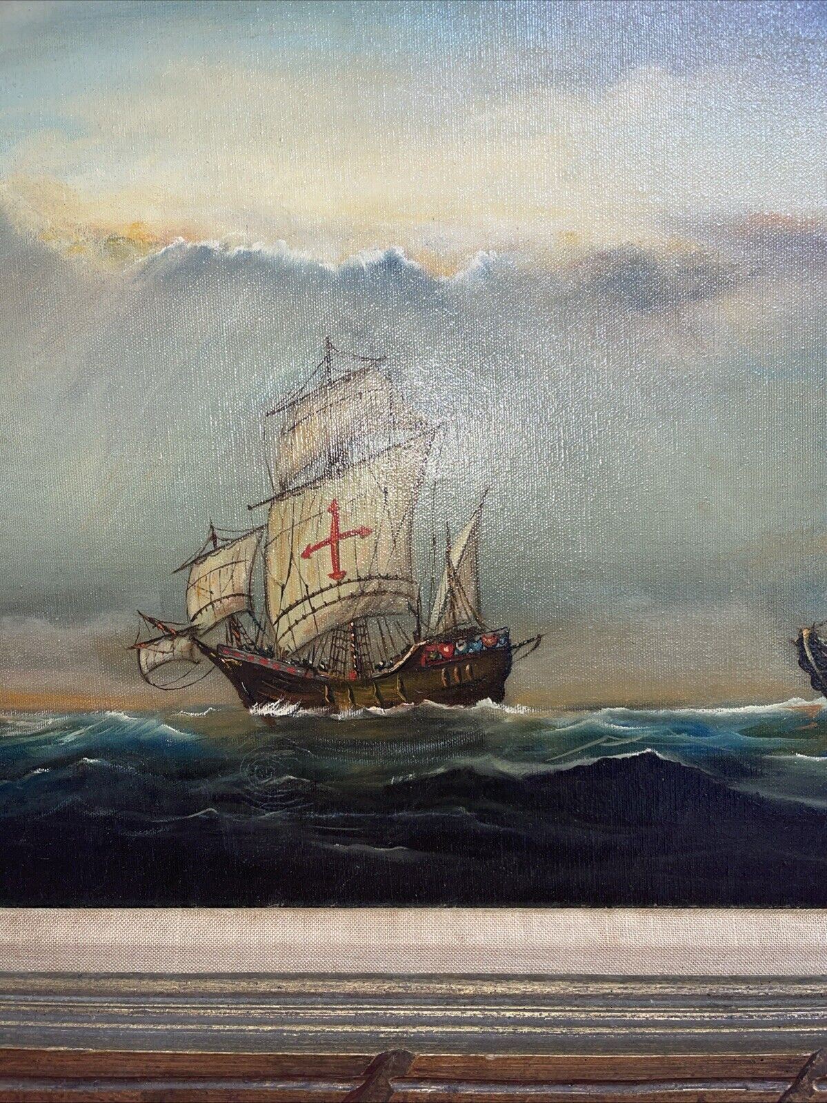 Vintage oil painting seascape ships signed by Lubar size 16”x31”