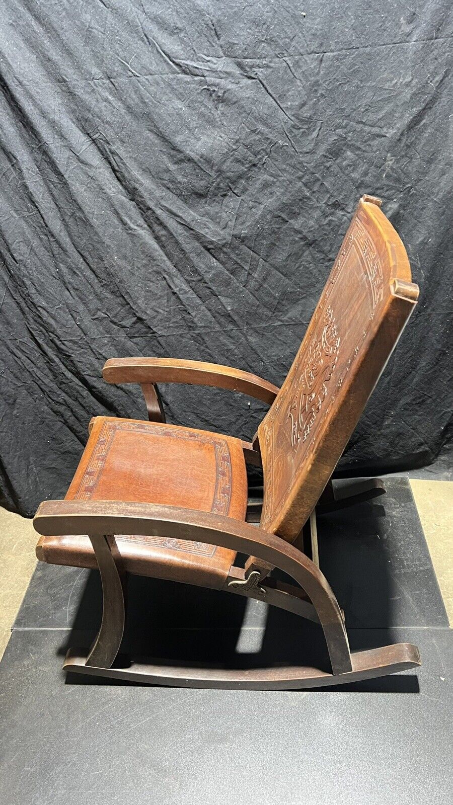 Vintage Rocking chair Peru Aztec Motif Embossed Leather & Wood