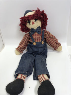 RAGGEDY ANDY WEIGHTED CLOTH DOLL BLUE PLAID PRIMITIVE STYLE