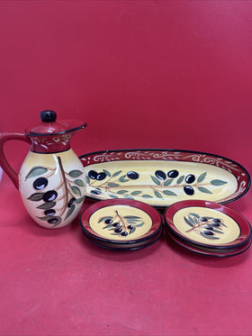 Certified International Kate McRostie Bread Bowl Decanter Plates Tuscan Olives