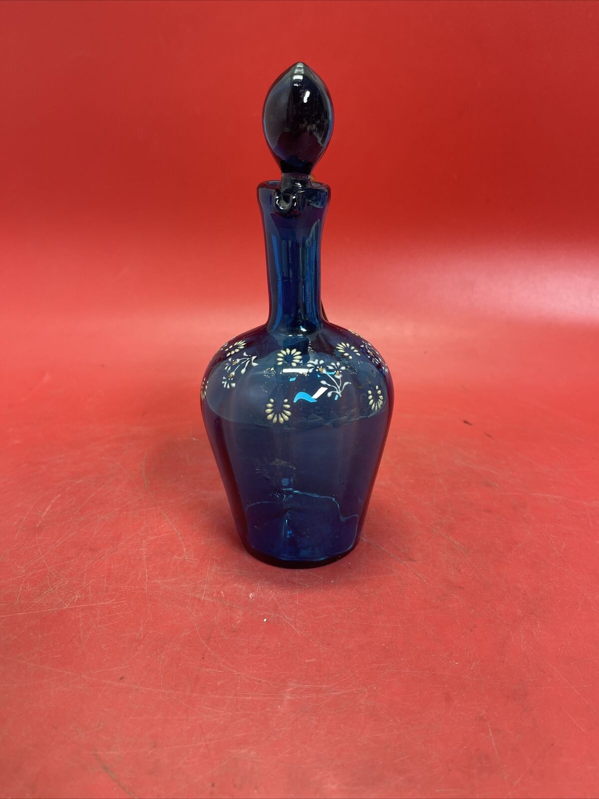 Victorian BOHEMIAN BLUE & Amber Handle Hand Blown & Hand Painted Art Glass Cruet