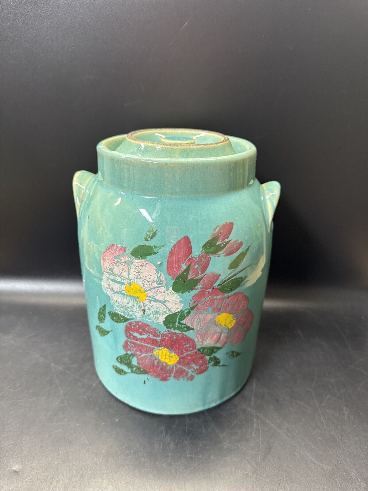 VINTAGE Cookie Jar  W/LID Hand Painted FLORAL Pottery