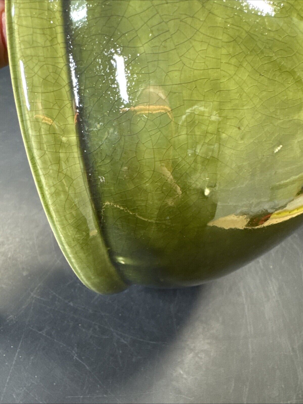 Art Pottery Green Glossy Bowl 4” Tall