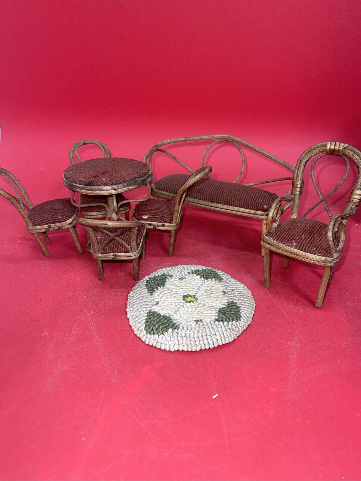 Vintage Rattan Brown Velveteen Doll Furniture Suite