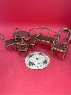 Vintage Rattan Brown Velveteen Doll Furniture Suite