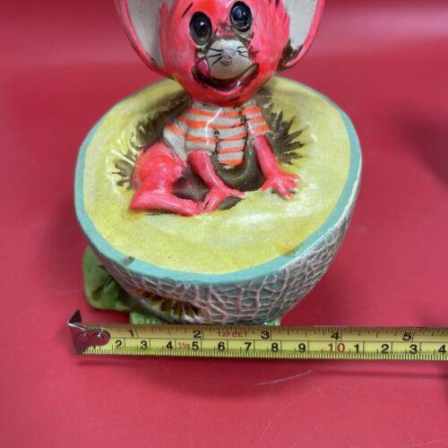 Vintage Chalkware Holiday Fair Mouse in Melon Piggy Coin Bank Neon Kitsch 1960s
