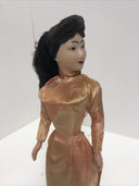 Vintage Asian DOLL Woman in Purple Dress w/Pants Plastic 16.25” on wood base