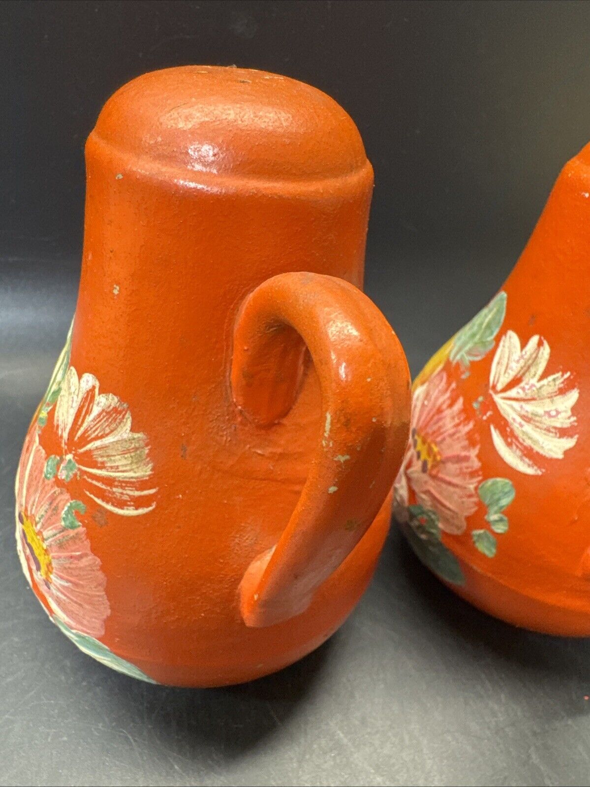 Vintage Pottery Orange Hand Painted Jug SALT & PEPPER Shakers