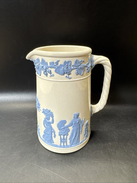 WEDGWOOD Embossed Queen’s Ware BLUE ON CREAM SMALL TROJAN JUG 5.5”