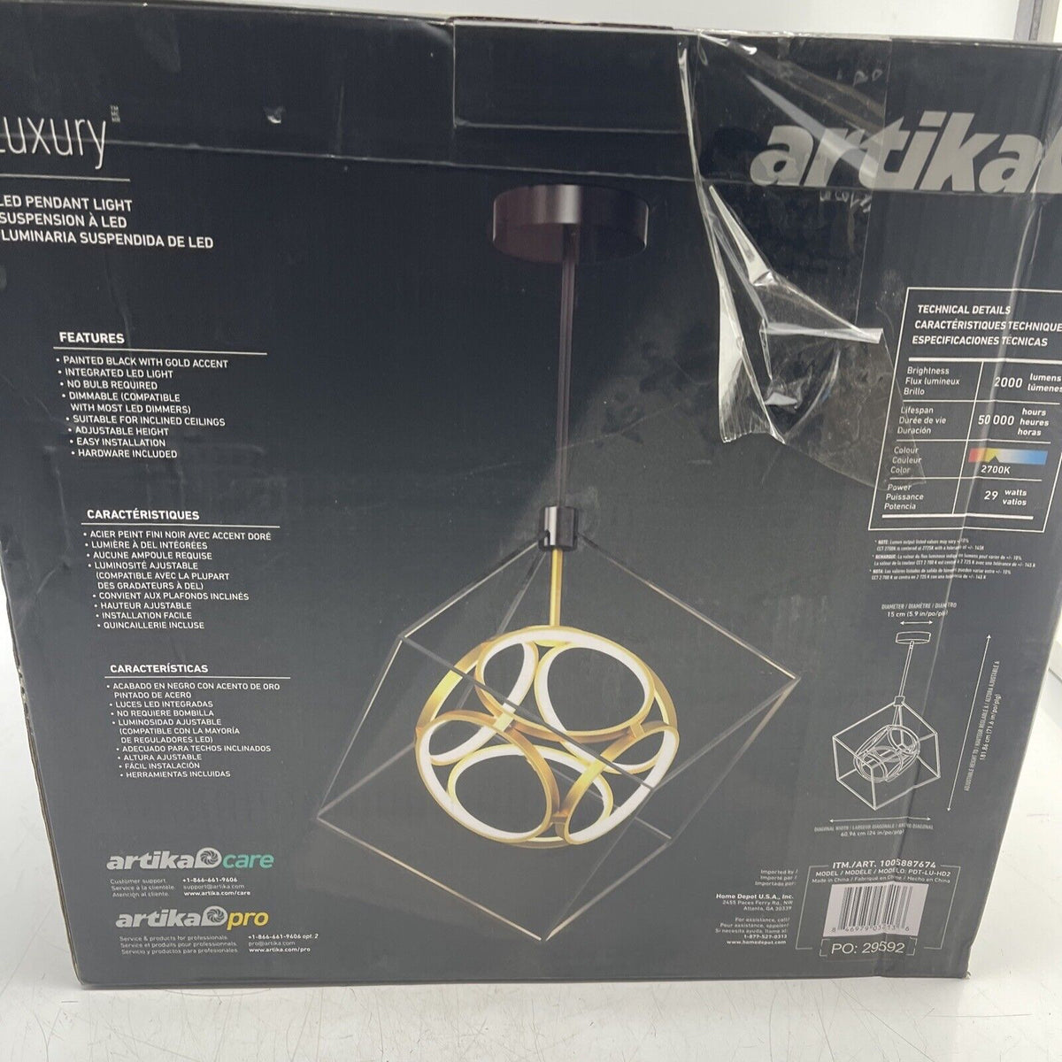 Artika PDT-LU-HD2 Luxury 29W Integrated LED Pendant Light - Black