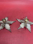 Vtg Pair Brass Poinsettia Holly Leaf Taper Candle Holders Christmas Marked M