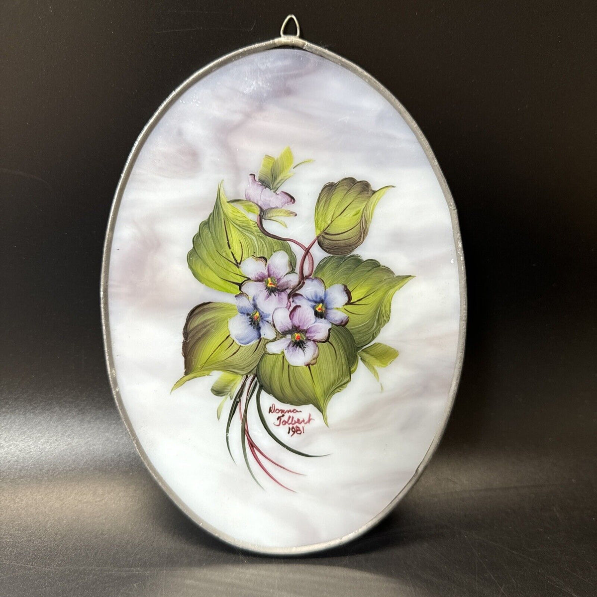 Vintage Oval Sun Catcher Glass Handpainted Floral Purple Violet Pansy