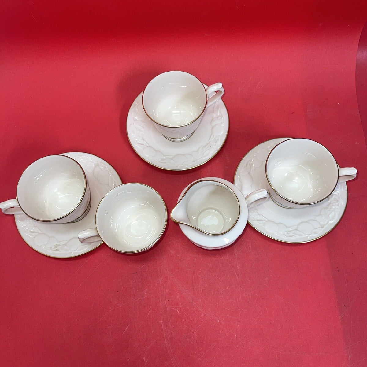 Lenox Fruits Of Life Tea 4 Cups & 3 Saucers, Creamer, Gold Trim