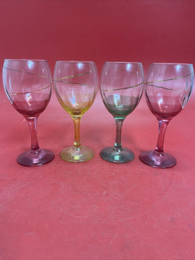 VINTAGE WINE GLASSES 4 CLEAR TIP, COLORED LEGS, SINGLE GOLD LID.