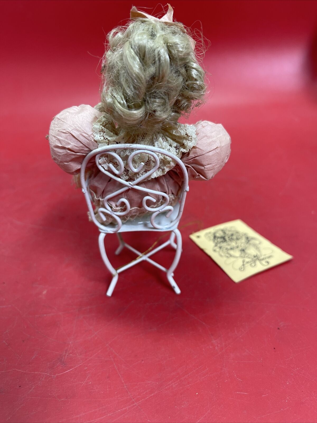 Porcelain Doll in Floral Dress with Curly Hair and Bunny Rabbit 1990s Vintage